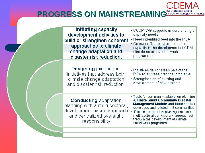 PROGRESS ON MAINSTREAMING Initiating capacity development activities to build or strengthen coherent approaches to