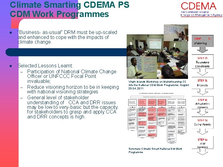 Climate Smarting CDEMA PS CDM Work Programmes l “Business- as-usual” DRM must be up-scaled