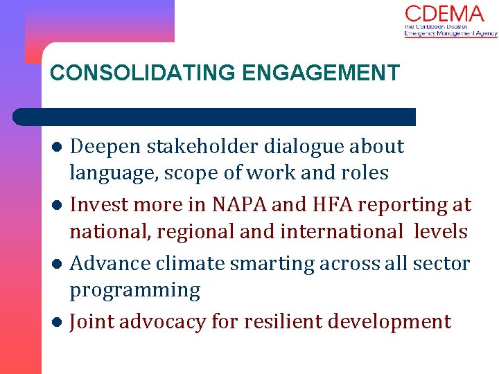 CONSOLIDATING ENGAGEMENT Deepen stakeholder dialogue about language, scope of work and roles l Invest