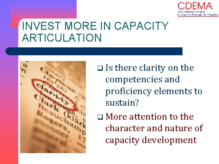 INVEST MORE IN CAPACITY ARTICULATION q Is there clarity on the competencies and proficiency