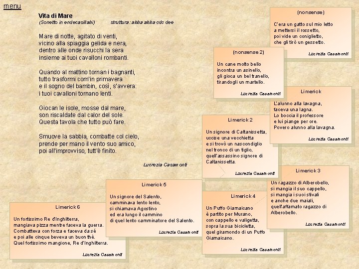 menu (nonsense) Vita di Mare (Sonetto in endecasillabi) struttura: abba cdc dee Mare di