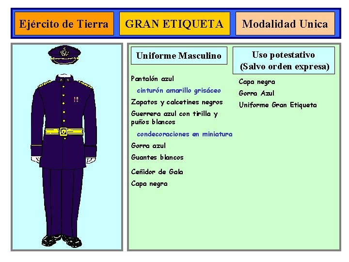 Ejército de Tierra GRAN ETIQUETA Modalidad Unica Uniforme Masculino Uso potestativo (Salvo orden expresa)
