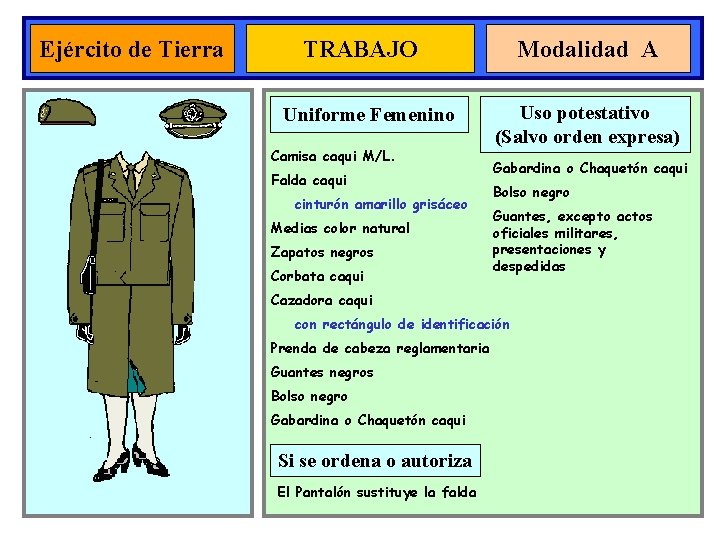 Ejército de Tierra TRABAJO Uniforme Femenino Camisa caqui M/L. Falda caqui cinturón amarillo grisáceo