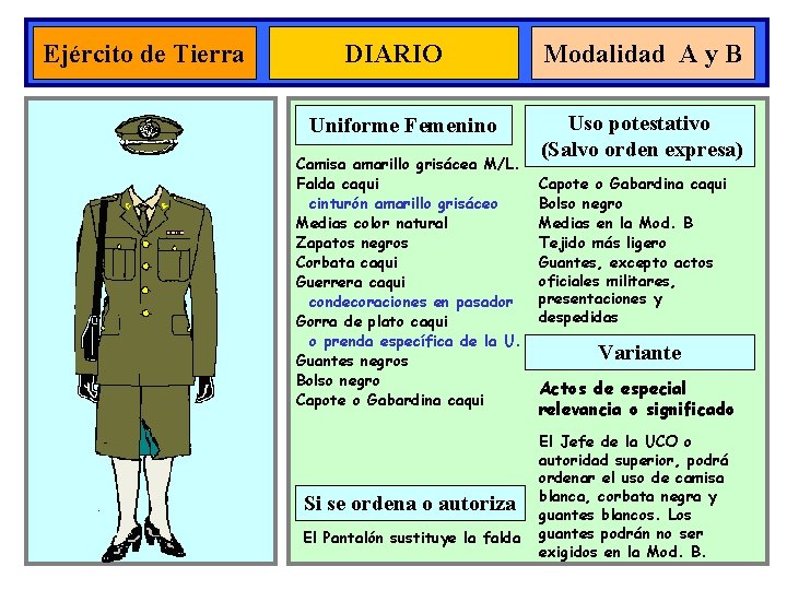 Ejército de Tierra DIARIO Uniforme Femenino Camisa amarillo grisácea M/L. Falda caqui cinturón amarillo