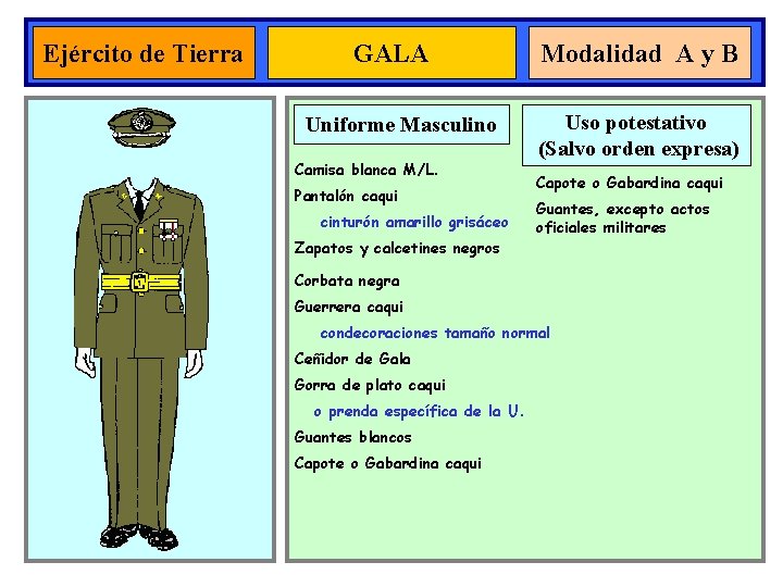 Ejército de Tierra GALA Uniforme Masculino Camisa blanca M/L. Pantalón caqui cinturón amarillo grisáceo