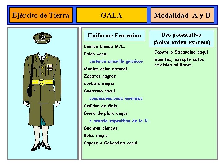 Ejército de Tierra GALA Uniforme Femenino Camisa blanca M/L. Falda caqui cinturón amarillo grisáceo