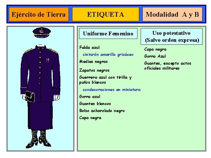 Ejército de Tierra ETIQUETA Uniforme Femenino Falda azul cinturón amarillo grisáceo Medias negras Zapatos