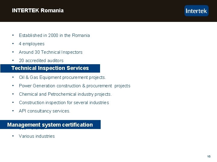 INTERTEK Romania • Established in 2000 in the Romania • 4 employees • Around