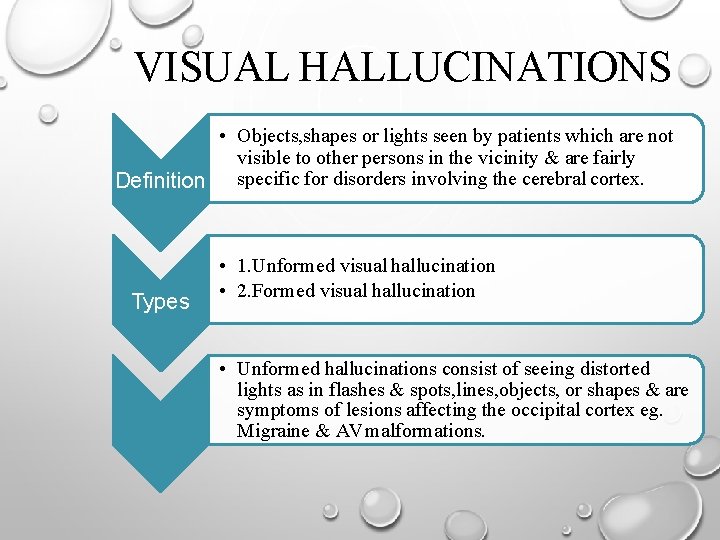 VISUAL HALLUCINATIONS • Objects, shapes or lights seen by patients which are not visible