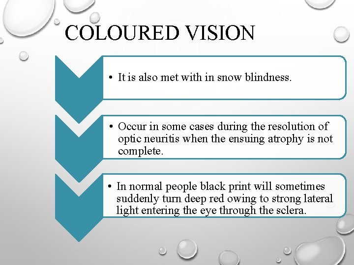 COLOURED VISION • It is also met with in snow blindness. • Occur in