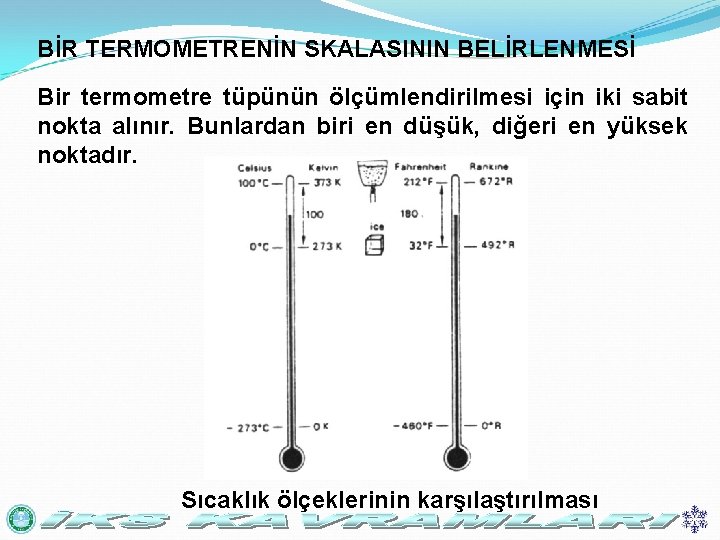 BİR TERMOMETRENİN SKALASININ BELİRLENMESİ Bir termometre tüpünün ölçümlendirilmesi için iki sabit nokta alınır. Bunlardan