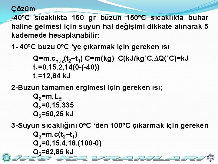 Çözüm -40 C sıcaklıkta 150 gr buzun 150 C sıcaklıkta buhar haline gelmesi için