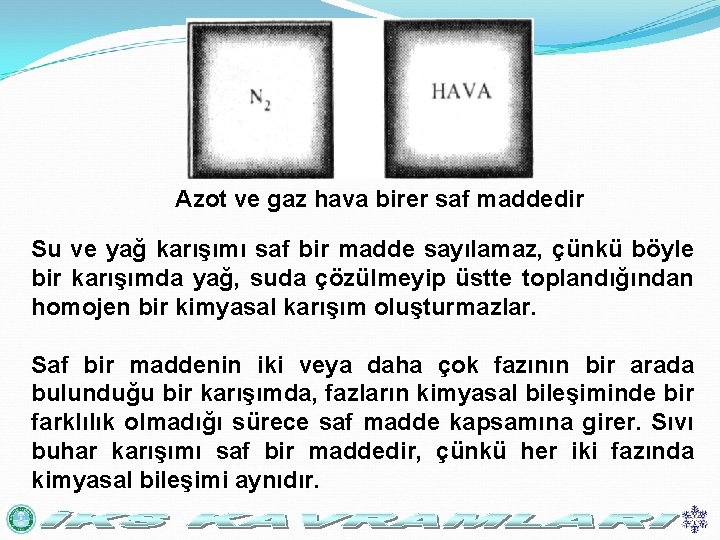 Azot ve gaz hava birer saf maddedir Su ve yağ karışımı saf bir madde