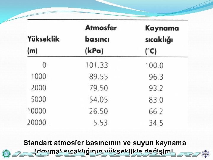 Standart atmosfer basıncının ve suyun kaynama (doyma) sıcaklığının yükseklikle değişimi. 