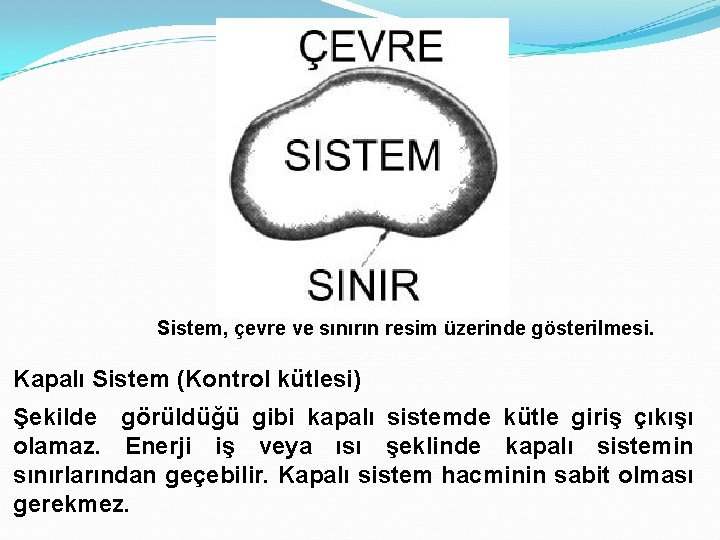 Sistem, çevre ve sınırın resim üzerinde gösterilmesi. Kapalı Sistem (Kontrol kütlesi) Şekilde görüldüğü gibi
