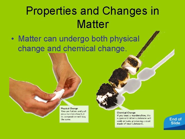 Properties and Changes in Matter • Matter can undergo both physical change and chemical