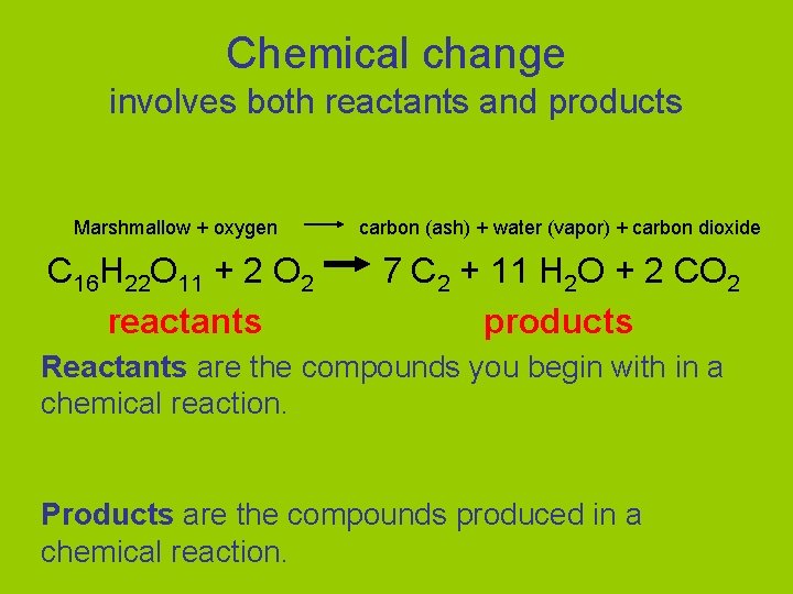 Chemical change involves both reactants and products Marshmallow + oxygen carbon (ash) + water