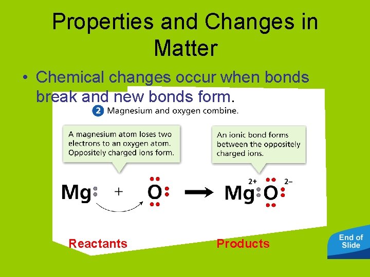 Properties and Changes in Matter • Chemical changes occur when bonds break and new