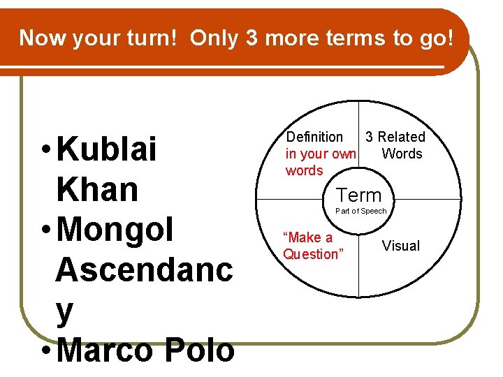 Now your turn! Only 3 more terms to go! • Kublai Khan • Mongol