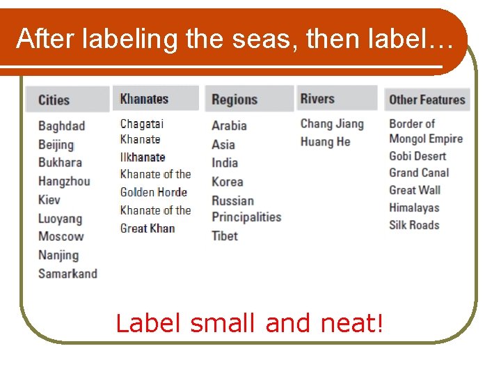 After labeling the seas, then label… Label small and neat! 