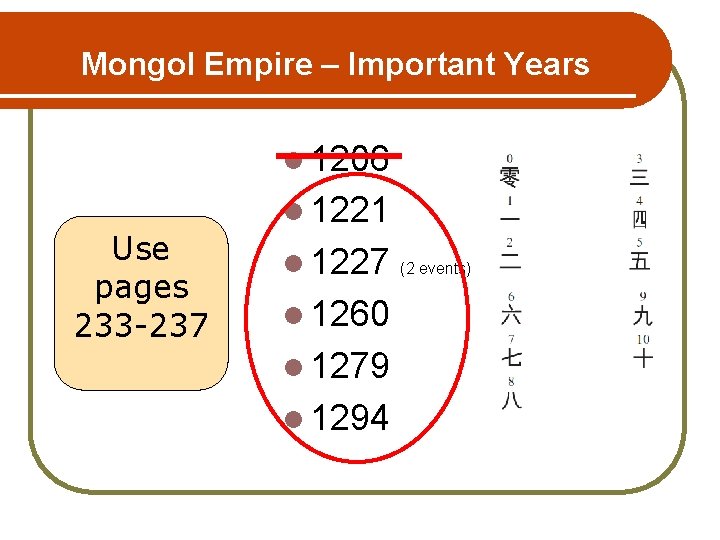 Mongol Empire – Important Years l 1206 Use pages 233 -237 l 1221 l