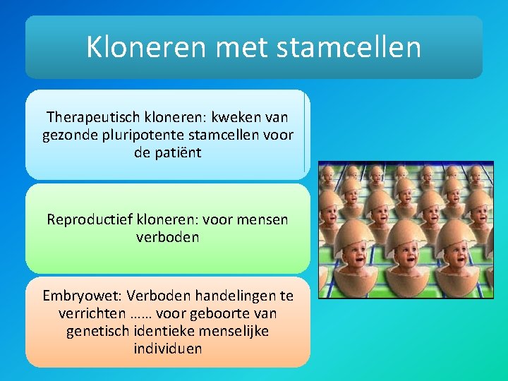 Kloneren met stamcellen Therapeutisch kloneren: kweken van gezonde pluripotente stamcellen voor de patiënt Reproductief