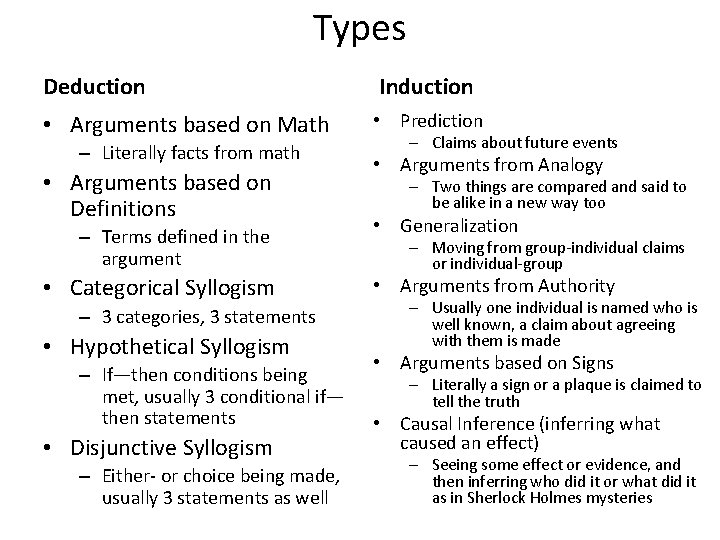 Types Deduction Induction • Arguments based on Math • Prediction – Literally facts from