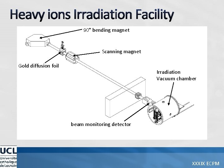 Heavy ions Irradiation Facility 90° bending magnet Scanning magnet Gold diffusion foil Irradiation Vacuum