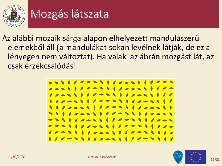 Mozgás látszata Az alábbi mozaik sárga alapon elhelyezett mandulaszerű elemekből áll (a mandulákat sokan