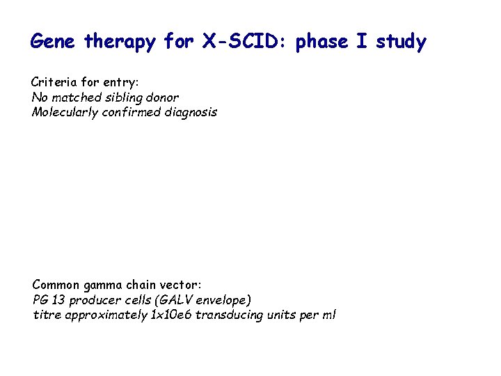 Gene therapy for X-SCID: phase I study Criteria for entry: No matched sibling donor