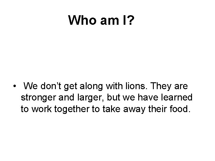  Who am I? • We don’t get along with lions. They are stronger