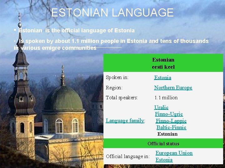 ESTONIAN LANGUAGE • Estonian is the official language of Estonia • Is spoken by