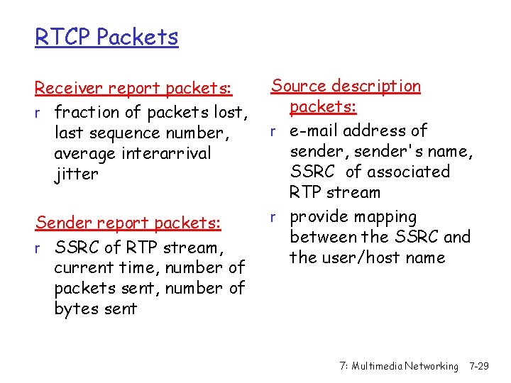 RTCP Packets Receiver report packets: r fraction of packets lost, last sequence number, average