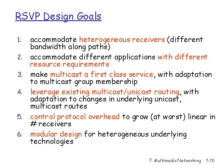 RSVP Design Goals 1. 2. 3. 4. 5. 6. accommodate heterogeneous receivers (different bandwidth
