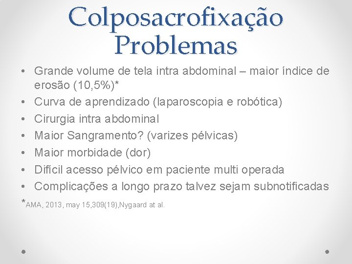 Colposacrofixação Problemas • Grande volume de tela intra abdominal – maior índice de erosão Colposacrofixação Problemas • Grande volume de tela intra abdominal – maior índice de erosão