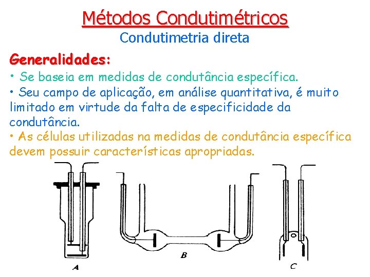 Métodos Condutimétricos Condutimetria direta Generalidades: • Se baseia em medidas de condutância específica. •