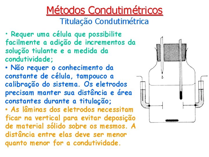 Métodos Condutimétricos Titulação Condutimétrica • Requer uma célula que possibilite facilmente a adição de