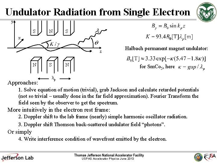 Undulator Radiation from Single Electron y S N S x z N Approaches: S