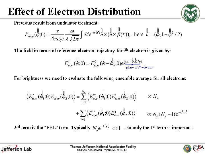 Effect of Electron Distribution Previous result from undulator treatment: The field in terms of