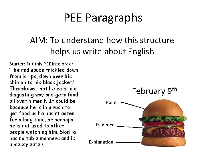 PEE Paragraphs AIM: To understand how this structure helps us write about English Starter: