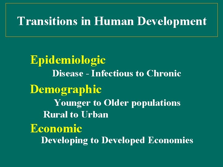 Transitions in Human Development Epidemiologic Disease - Infectious to Chronic Demographic Younger to Older