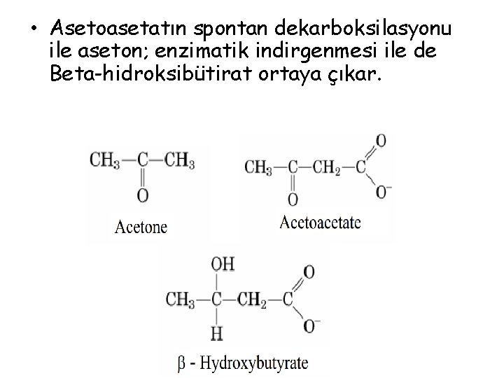  • Asetoasetatın spontan dekarboksilasyonu ile aseton; enzimatik indirgenmesi ile de Beta-hidroksibütirat ortaya çıkar.