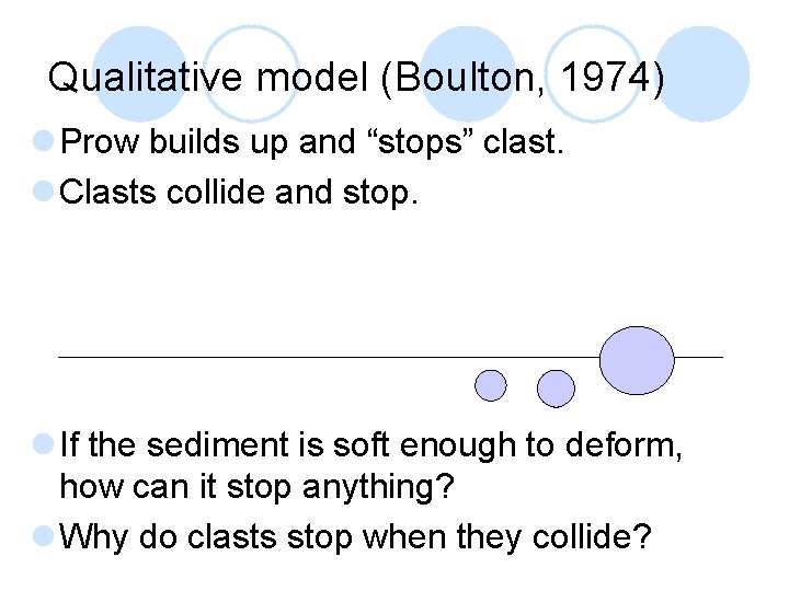 Qualitative model (Boulton, 1974) l Prow builds up and “stops” clast. l Clasts collide