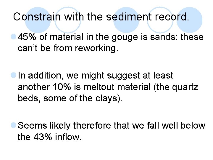 Constrain with the sediment record. l 45% of material in the gouge is sands: