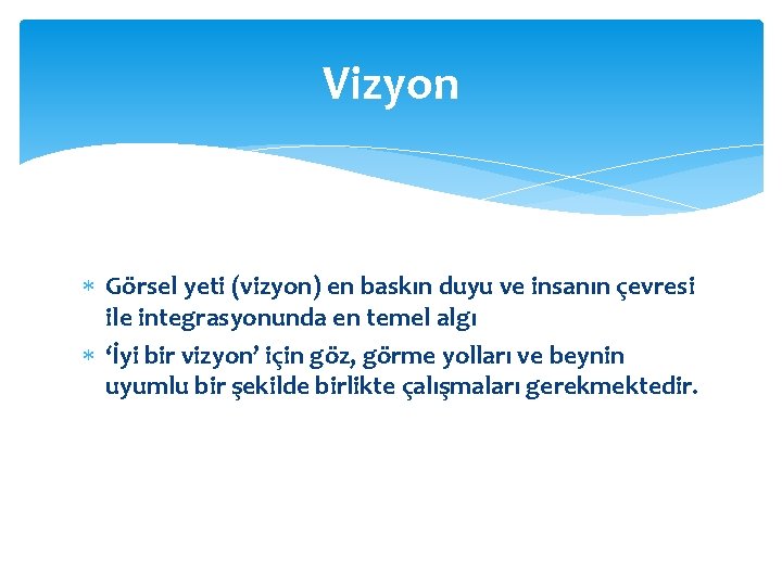 Vizyon Görsel yeti (vizyon) en baskın duyu ve insanın çevresi ile integrasyonunda en temel