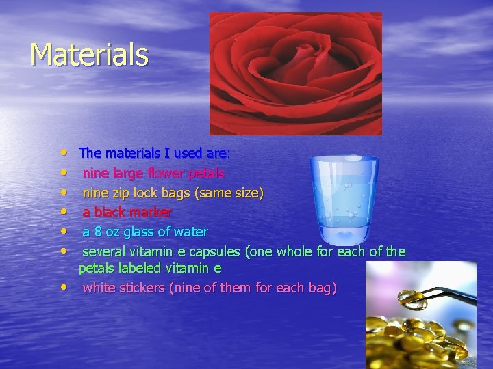 Materials • • The materials I used are: nine large flower petals nine zip