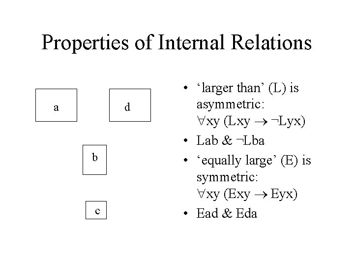 Properties of Internal Relations a d b c • ‘larger than’ (L) is asymmetric: