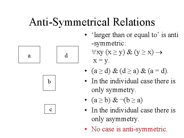 Anti-Symmetrical Relations a d b c • ‘larger than or equal to’ is anti