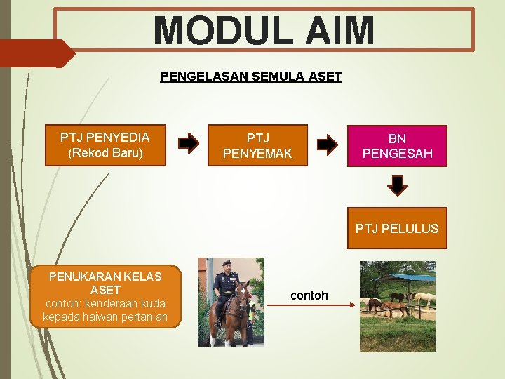 MODUL AIM PENGELASAN SEMULA ASET PTJ PENYEDIA (Rekod Baru) PTJ PENYEMAK BN PENGESAH PTJ