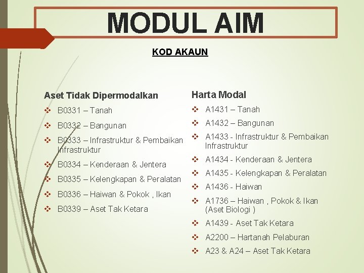 MODUL AIM KOD AKAUN Aset Tidak Dipermodalkan Harta Modal v B 0331 – Tanah